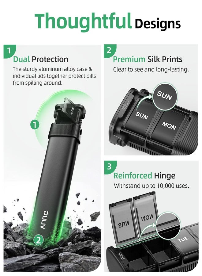 PULIV Metal Weekly Pill Organizer with Sturdy & Sleek Aluminum Alloy Case, Pill Case with Triple Protection Against Spilling, Compact Travel Pill Box 7 Day for Vitamins, Fish Oils, Supplements, Black - Image 5